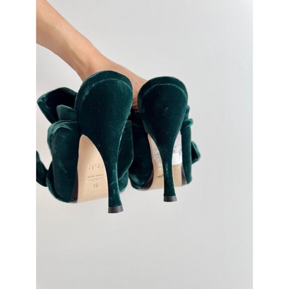 NWOB N.21 Dark Green Velvet Bow Knotted Peep Toe High Heel Mules, Size 36 - Picture 8 of 16